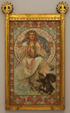 Portrait of Josephine Crane Bradley as Slavia Female figure holding a circle in her left hand and coloured ribbons in her right hand with an ivy headdress sitting in a decorative halo with a bird of prey at her feet