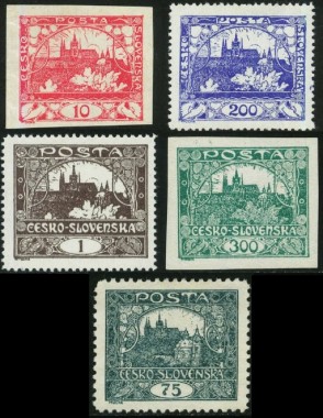 Postage stamps designed by Mucha 5 postage stamps od different values and colours representing the Prague skyline with decorative borders