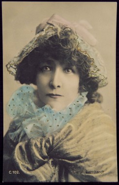 Sarah Bernhardt A black and white head and shoulders photograph of Sarah Bernhardt heightened with colour
