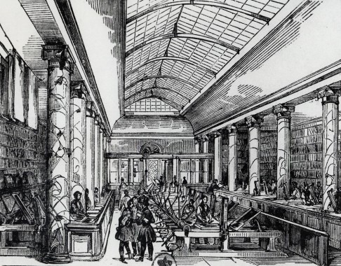 View of the interior of the Champenois printing works, Boulevard St Michel, Paris, c.1900 A black and white line drawing of the glass-ceiling interior with columns with printing presses up the centre and engravers working on either side