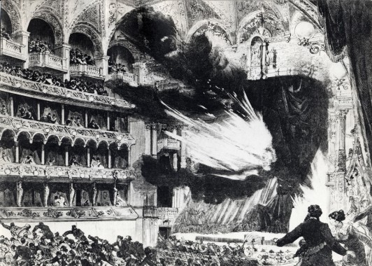 The fire in Vienna's Ring Theatre in 1881 An illustration of the interior of the Ringtheatre with flames coming from centre stage