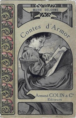 Contes d'Armor Front cover with a decorative border and a young women seated reading a large book