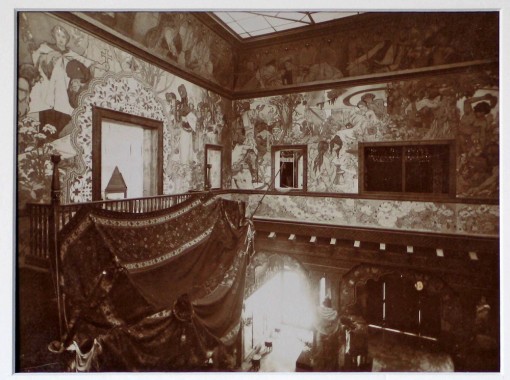 Interior view of Bosnia Herzegovina Pavilion at the Exposition Universelle View of two walls of Mucha's mural decorations for the second storey of the pavilion
