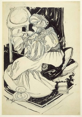 Sarah Bernhardt Dining in her Dressing Room Pen and ink drawing of a Woman in costume sitting on cushions and eating from a plate placed on a chair in front of her