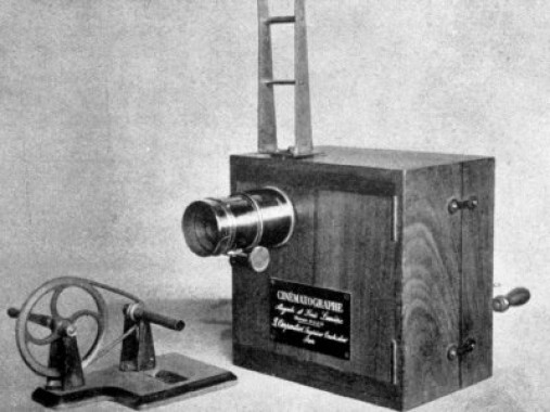 Lumière Brothers camera A wooden box with a lens in front and a handle behind