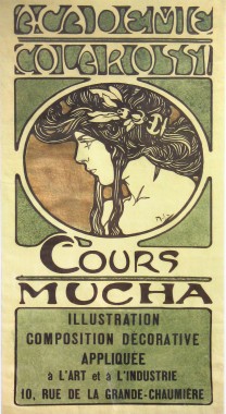 Poster for 'Cours Mucha' at the Académie Colarossi Circle with a black and white stylised drawing of a girl seen in profile with an ornate tiara in her hair; the text either side reads 'Academie Colarossi, Cours Mucha, Illustration, Composition, Décoration appliquée à l'art et à l'industrie, 10 rue de la Grande-Chaumière.