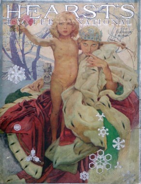 Hearst's International magazine cover A woman in a fur-trimmed gown sits with her right arm around a naked boy holding several roses in his right hand with a snowy landscape behind and stylised snowflakes in the foreground