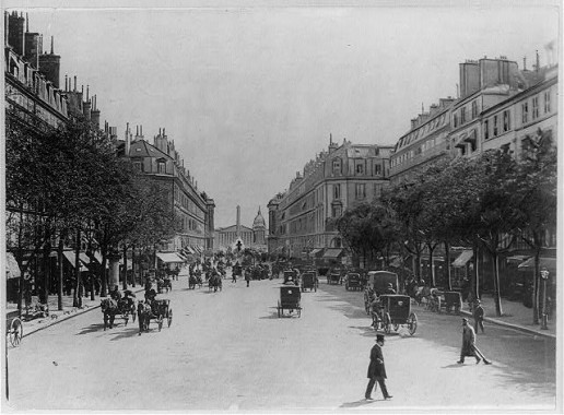 Paris 1900 Rue Royale with horses and carts and Place de la Concorde and the Assemblé Nationale in the distance