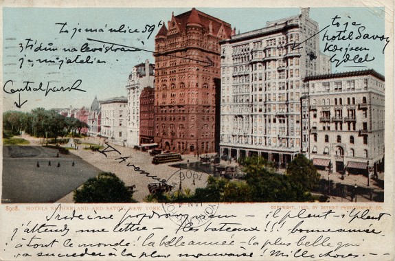 Postcard from New York, January 1906 Coloured postcard of large red brick hotel with hand written annotations indicating the different landmarks on the postcard (Central Park, Savoy hotel, etc.)
