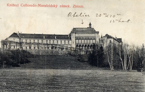 Mucha's studio at Zbiroh castle where he painted the Slav Epic Black and white photograph of a large Bohemian castle with hand-written annotations indicating a glass roof where Mucha had his studio