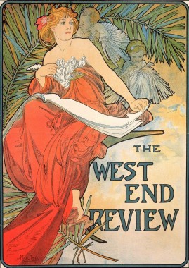 West End Review A woman in a red dress with bare shoulders sits in front of a large plant holding a plume and a large white sketch book on her lap; two cherubs sit behind her