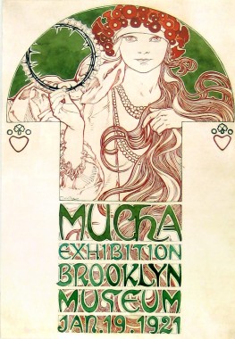 Design for the poster for the Mucha Exhibition at the Brooklyn Museum In a mushroom shaped form, a woman with flowing hair wearing a headdress, a flower wreath and beads holds up a crown of thorns and sits above the text (exhibition details)