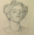 Pencil drawing of a woman with her hair up wearing a smock