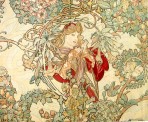 A rich floral motif in pale pink, pale green and ochre intertwine and partially obscure a fair-haired woman in regal red robes holding a daisy