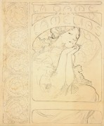 Rough sketch of front cover with decorative floral border on left and the text 'La Dame aux Camélias' above a woman clasping her hands together under her chin