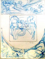 4 different shapes filled with roughly sketched women in various poses alongside decorative elements