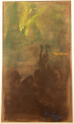 Rough sketch with dark outline at bottom of figures reaching towards the top of the composition dominated by green and a yellow source of light