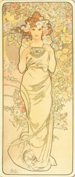 A full length female figure with a white dress and auburn hair decorated with roses is framed by pink, white and yellow roses