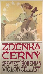 A woman in a white dress with lace trimmings holding a cello and bow in her left hand turns the page of a music book with her right hand; before her and in the background are two circular white lily motifs; the text 'Zdenka Cerny, The Greatest Bohemian Violincellist' figures in red font at the bottom of the poster