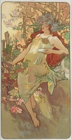 A woman with long red hair and a wreath of chrysanthemums holds grapes in her right hand and a saucer in her left hand