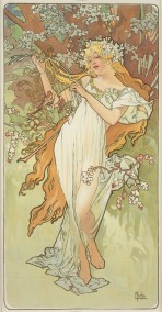 A woman with a delicate white robe and long blond hair decorated with a white floral wreath holds a lyre and stands under a blossoming tree