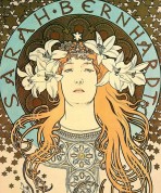 The head and shoulders of Sarah Bernhardt wearing lilies in her fair hair and an embroidered tunic, framed by a pale blue halo inscribed with her name and surrounded by golden stars.