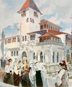 The Bosnia Pavilion in white and terracotta with men and women in traditional Bosnian costume in foreground