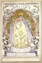 Stylised image of the Virgin Mary holding a baby, both wearing ornate gowns and crowns with halos encirlced by a decorative circular backdrop with the text 'Savon' at the top of the composition and 'Notre Dame de la Deliorande' at the bottom