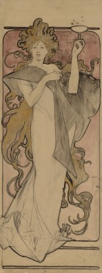 A full-length figure of a woman with stylised blond hair forming arabesques around her body wears a white dress with a pale blue shawl and holds a glass of champagne at face-level with her left hand
