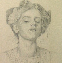 Pencil drawing of a woman with her hair up wearing a smock