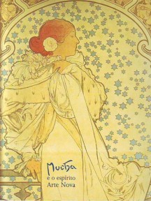Poster based on Mucha's 'Dame aux Camélias' with small text in bottom left 'Mucha e o espirito Arte Nova'