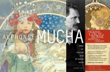 Exhibition poster including Mucha's 'Princess Hyacinth', a photographic self-portrait, and a female in profile wearing ornate jewellery, with text details of the exhibition