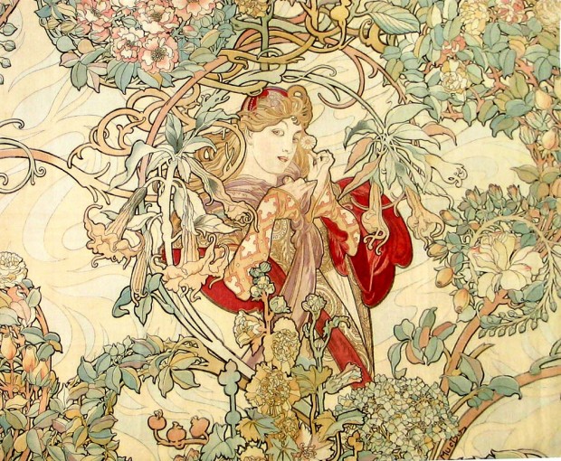 A rich floral motif in pale pink, pale green and ochre intertwine and partially obscure a fair-haired woman in regal red robes holding a daisy