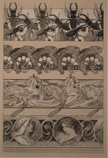 4 decorative friezes with beatles and flowers, turtles and flowers, fish and waves and female heads