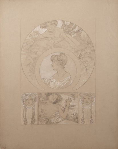 Top two thirds: crescent form with nude and circular pendant with woman seen in profile; bottom third: rectangular panel with nude on a bed flanked by 2 pendants with female heads