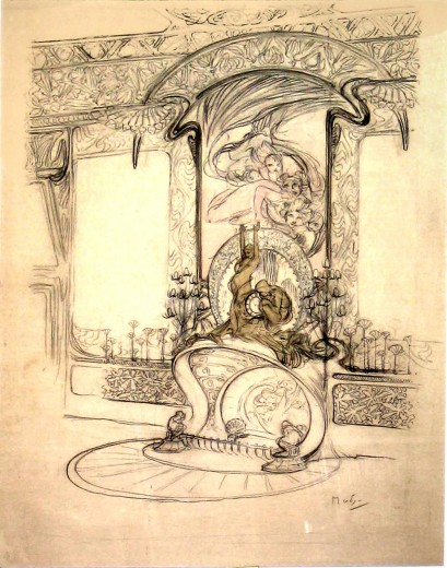 Detailed sketch with fireplace at the centre, mirrors either side, and an ornate frieze and cornice at the top