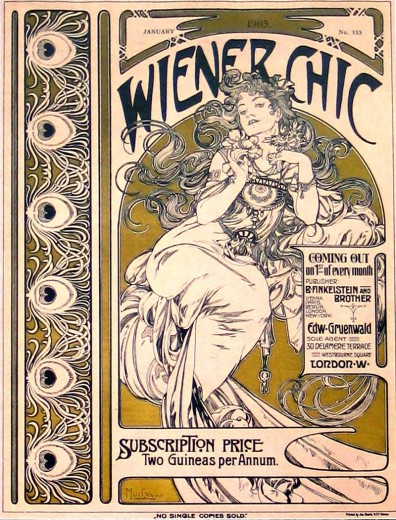 Woman in an ornate dress with flowing hair against a gold background with title 'Wiener Chic' and information on the content of the issue; decorative vertical border on the left with peacock feather motif