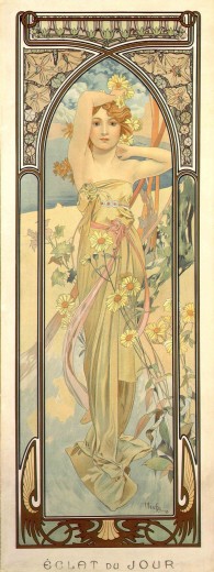 A fair haired woman in a biege strapless dress holds her right arm around her head and her left hand behind her neck; behind her is a sandly landscape; she is surrounded by large yellow daisies and is framed by an arched border with pink flowers