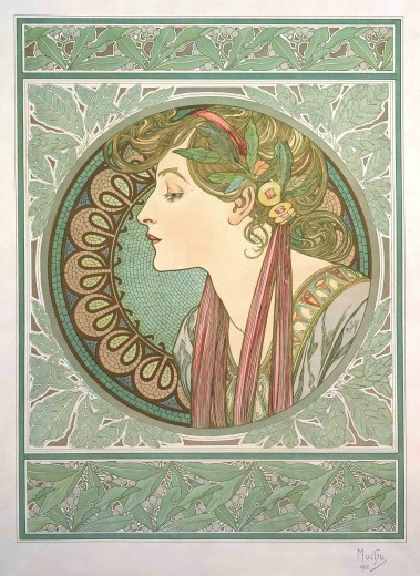 The head and shoulders of a woman seen in profile with laurel leaves in her fair hair held in place with a dark red braid and a decorative collar framed by a circle with a mosaic motif and and a laurel leaf border