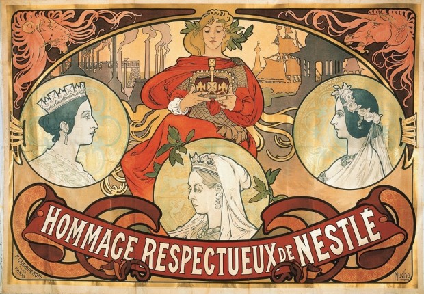 Three circles with profiles of Queen Victoria at different ages and a blond figure behind with red robes holding a crown to a backdrop of smoking factory chimneys and ship outlines, with the text 'Hommage Respectueux de Nestlé' in a banner at the bottom