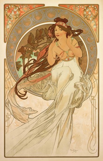 A woman with long dark hair, bare breasts and a flowing white gown touches the back of her neck with her hands as she perches on a large decorative halo