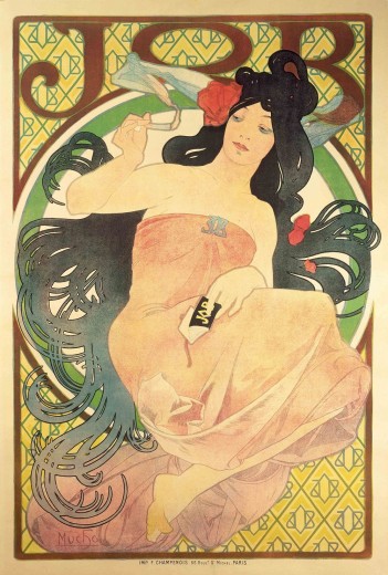 A woman with long, black hair dressed in an orange strapless dress holds a cigarette in her right hand and a packet of Job cigarette papers in her left hand. The smoke wraps around her head. The figure is framed by a circle with the word 'Job' above.