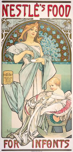 A woman with golden hair wrapped in pale blue fabric and standing in front of an ornate gold and blue mosaic niche holds a small bowl with a spoon above a baby sitting in a crib below. The words 'Nestlé's Food' sit at the top of the poster and 'For Infants' at the bottom.