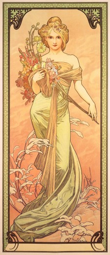 A woman with bare shoulders and fair hair holds a large bouquet of flowers and stands against an orange background