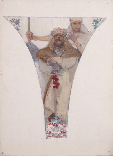 A pendentive with a male bearded figure in robes and a crown holding a sword in front of a woman in folk dress holding a stick