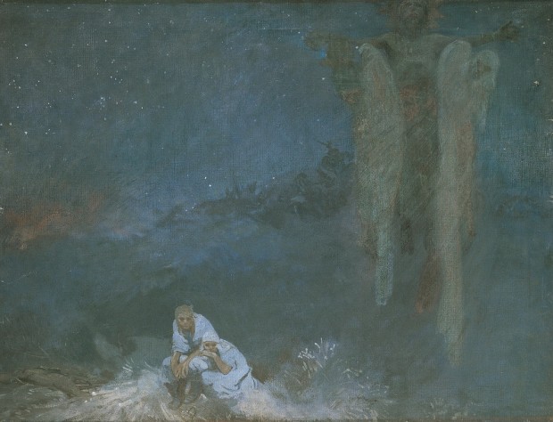 Set against a dark blue night sky a couple in traditional costume crouch down in hiding while three ghostly shapes loom above them in the right of the painting