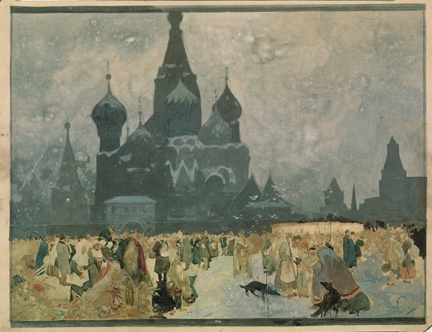 Crowds standing in small groups in front of St Basil's Cathedral