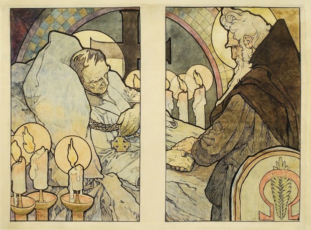 On the left panel an elderly man lies in bed holding a cross medallion with candles burning in front an a crucifix behind; in the right panel an elderly man in dark robes with white hair and a beard holds the hand of the old man