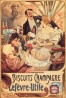 Two women and a man dressed in elegent evening wear sit drinking champagne with figures dancing in the background. The words 'Biscuits Champagne Lefèvre-Utile' feature at the bottom of the poster alongside a box of LU biscuits.