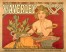 A woman with golden hair in an ochre dress with bare shoulders sits on a bicycle against a red background with her chin resting on her left arm supported by an anvil and holding a branch of laurel leaves in her right hand